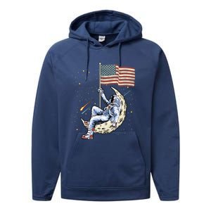 Us Flag Astronaut Space Independence Day 4th Of July Cool Gift Performance Fleece Hoodie