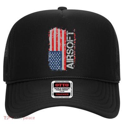 Usa Flag Airsoft Shooting Sports Gun High Crown Mesh Back Trucker Hat