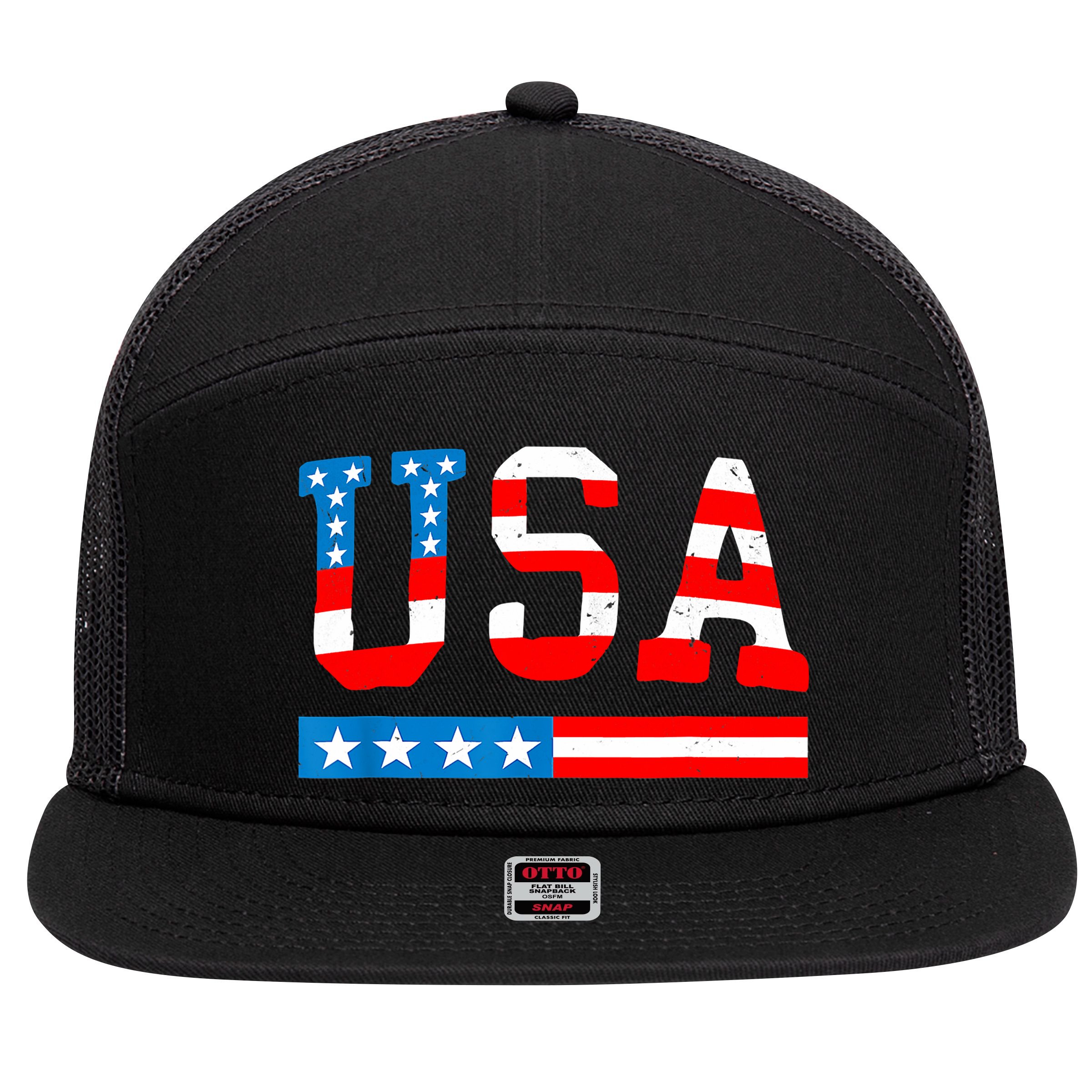 USA Flag American Funny 4th Of July Merica 7 Panel Mesh Trucker Snapback Hat