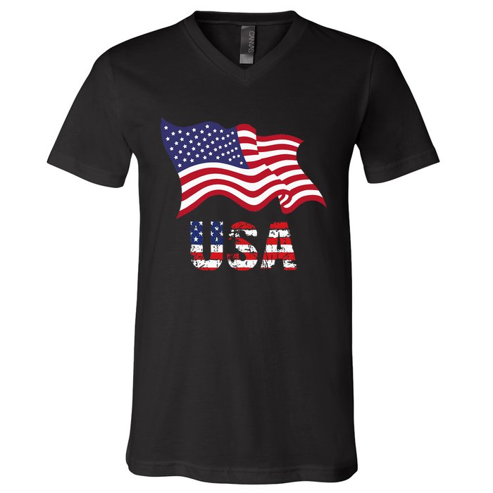 Usa Flag American United States Of America V-Neck T-Shirt