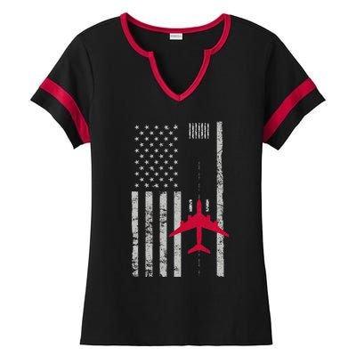 Us Flag Airport Runway! Airplane Pilot Ladies Halftime Notch Neck Tee