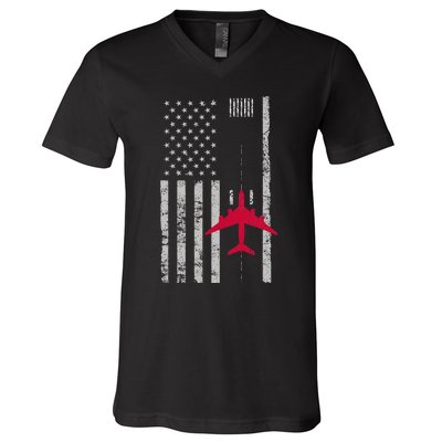 Us Flag Airport Runway! Airplane Pilot V-Neck T-Shirt