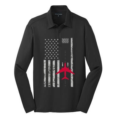 Us Flag Airport Runway! Airplane Pilot Silk Touch Performance Long Sleeve Polo