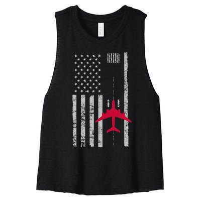 Us Flag Airport Runway! Airplane Pilot Women's Racerback Cropped Tank