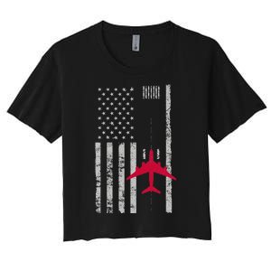 Us Flag Airport Runway! Airplane Pilot Women's Crop Top Tee