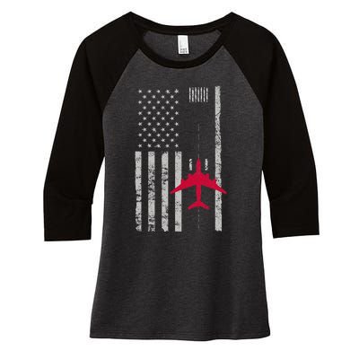 Us Flag Airport Runway! Airplane Pilot Women's Tri-Blend 3/4-Sleeve Raglan Shirt