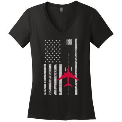 Us Flag Airport Runway! Airplane Pilot Women's V-Neck T-Shirt