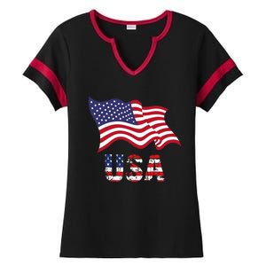 Usa Flag American United States Of America Ladies Halftime Notch Neck Tee