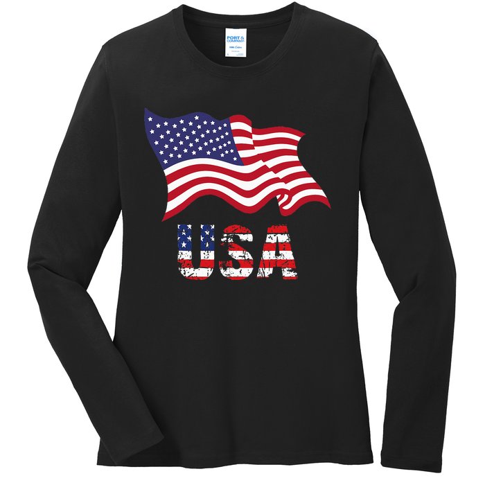 Usa Flag American United States Of America Ladies Long Sleeve Shirt