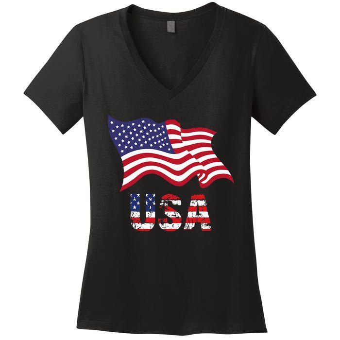 Usa Flag American United States Of America Women's V-Neck T-Shirt