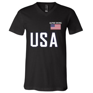 Usa Flag Alpine Skiing Pocket Nordic Ski Jersey V-Neck T-Shirt