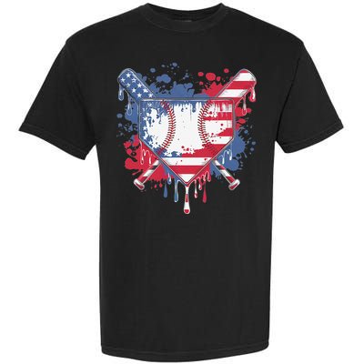 USA Flag Baseball Ice Cream Drip Baseball Home Plate Drip Garment-Dyed Heavyweight T-Shirt