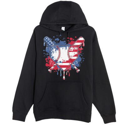 USA Flag Baseball Ice Cream Drip Baseball Home Plate Drip Premium Pullover Hoodie