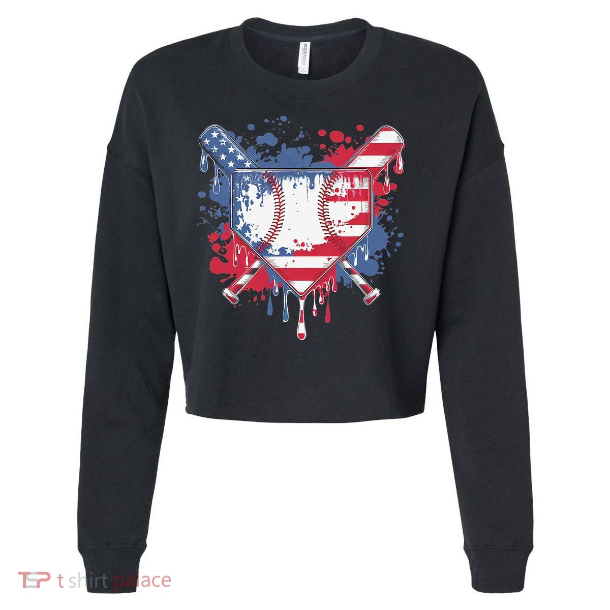 USA Flag Baseball Ice Cream Drip Baseball Home Plate Drip Cropped Pullover Crew