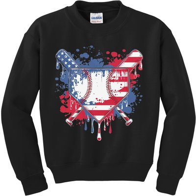 USA Flag Baseball Ice Cream Drip Baseball Home Plate Drip Kids Sweatshirt