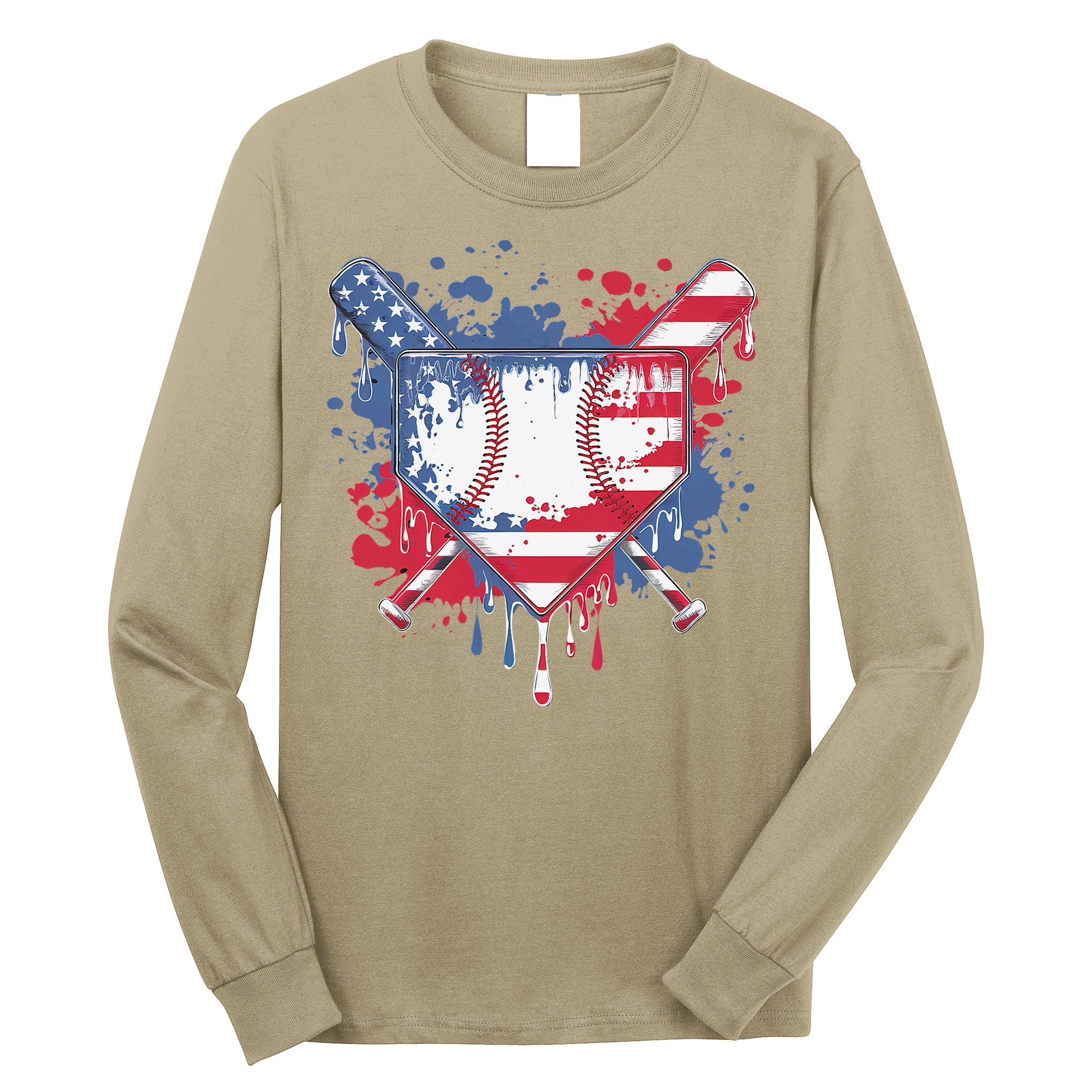 USA Flag Baseball Ice Cream Drip Baseball Home Plate Drip Long Sleeve Shirt