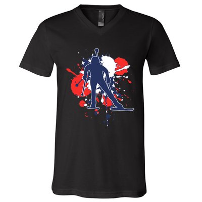 USA Flag Biathlonist American Biathlon V-Neck T-Shirt