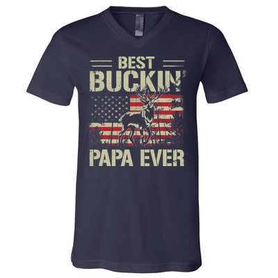 USA Flag Best Buckin' Papa Ever Deer Hunting Father's Day V-Neck T-Shirt