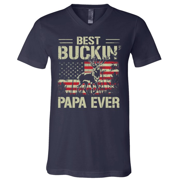 USA Flag Best Buckin' Papa Ever Deer Hunting Father's Day V-Neck T-Shirt