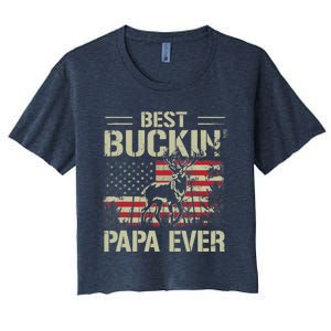 USA Flag Best Buckin' Papa Ever Deer Hunting Father's Day Women's Crop Top Tee