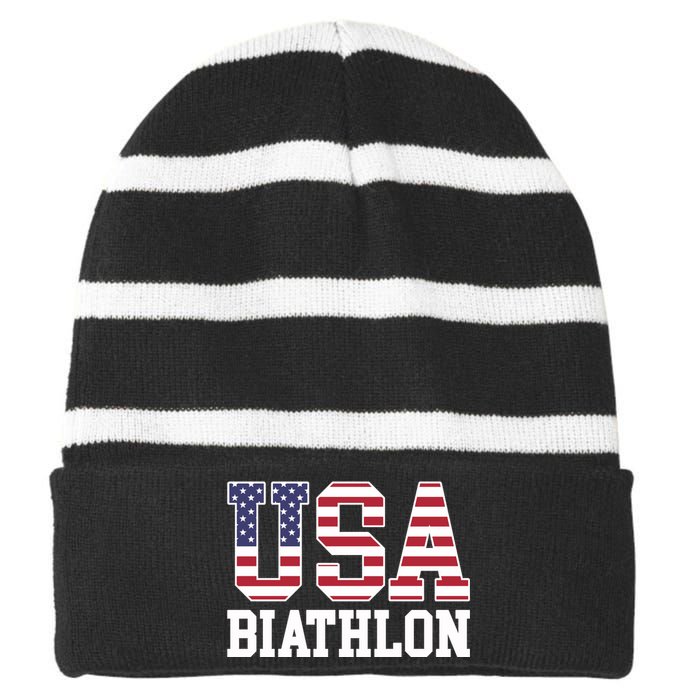 USA Flag Biathlonist American USA Biathlon Striped Beanie with Solid Band