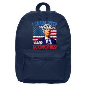 US Flag Biden Falling Off Bike I Crash Bikes And Economies 16 in Basic Backpack