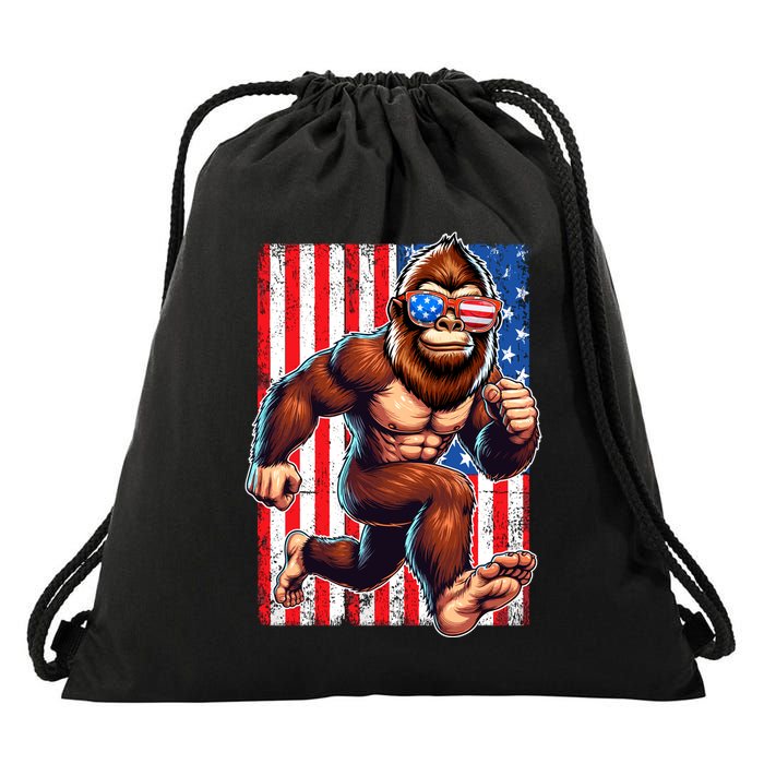 Usa Flag Bigfoot Running 4th Of July Drawstring Bag
