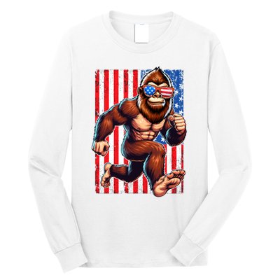 Usa Flag Bigfoot Running 4th Of July Long Sleeve Shirt