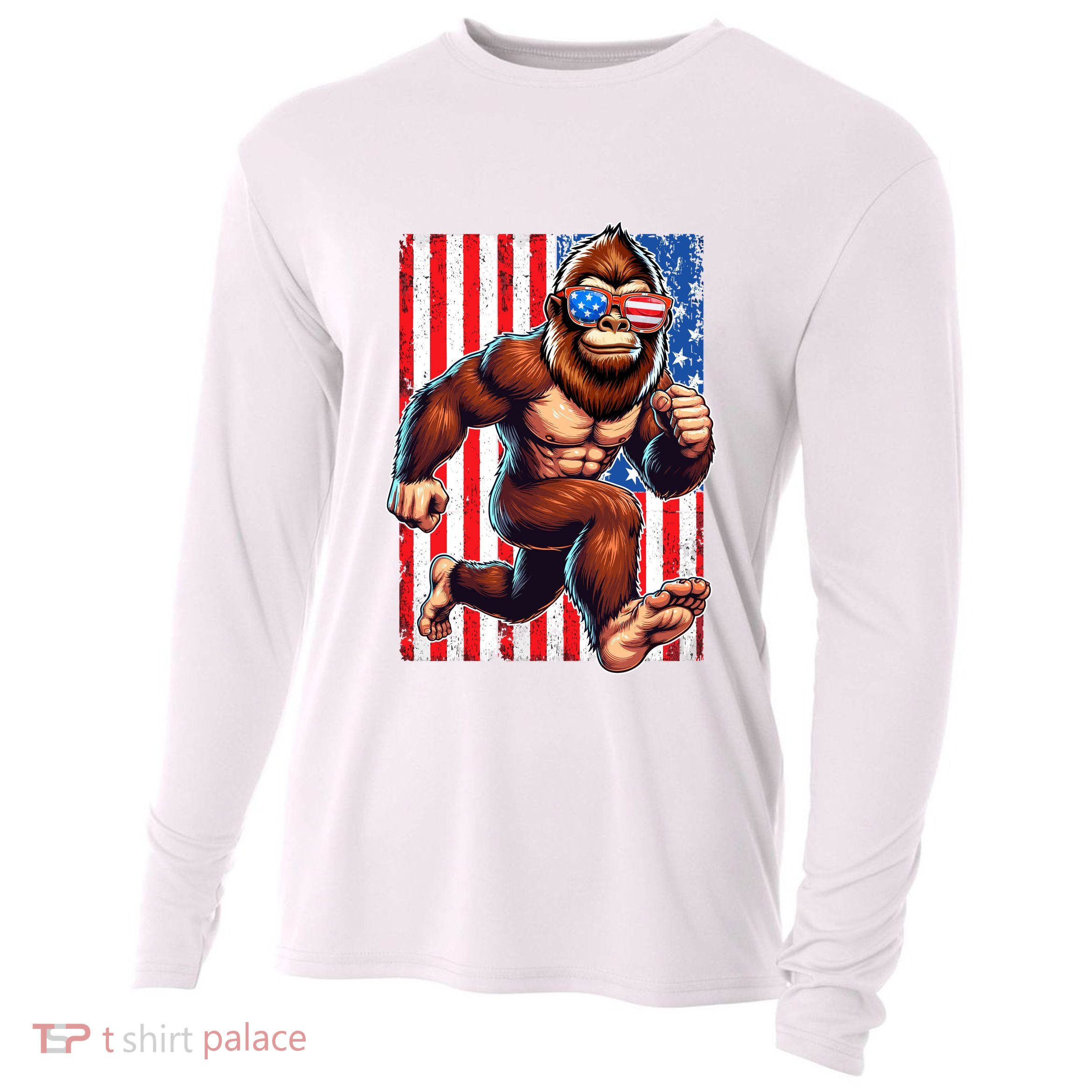 Usa Flag Bigfoot Running 4th Of July Cooling Performance Long Sleeve Crew
