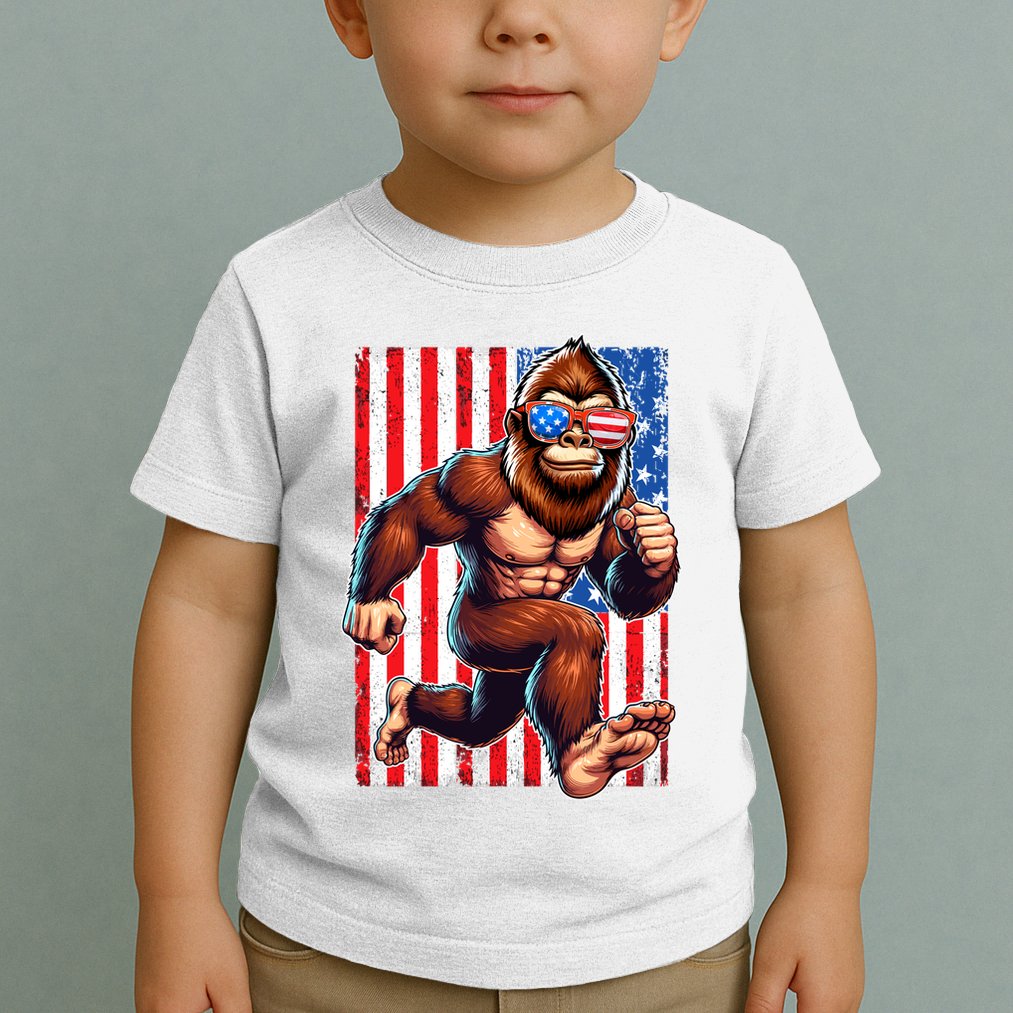 Usa Flag Bigfoot Running 4th Of July Toddler T-Shirt