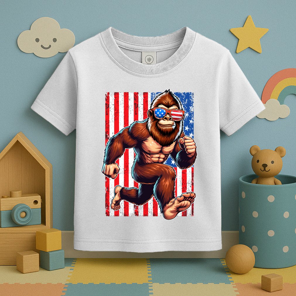 Usa Flag Bigfoot Running 4th Of July Toddler T-Shirt