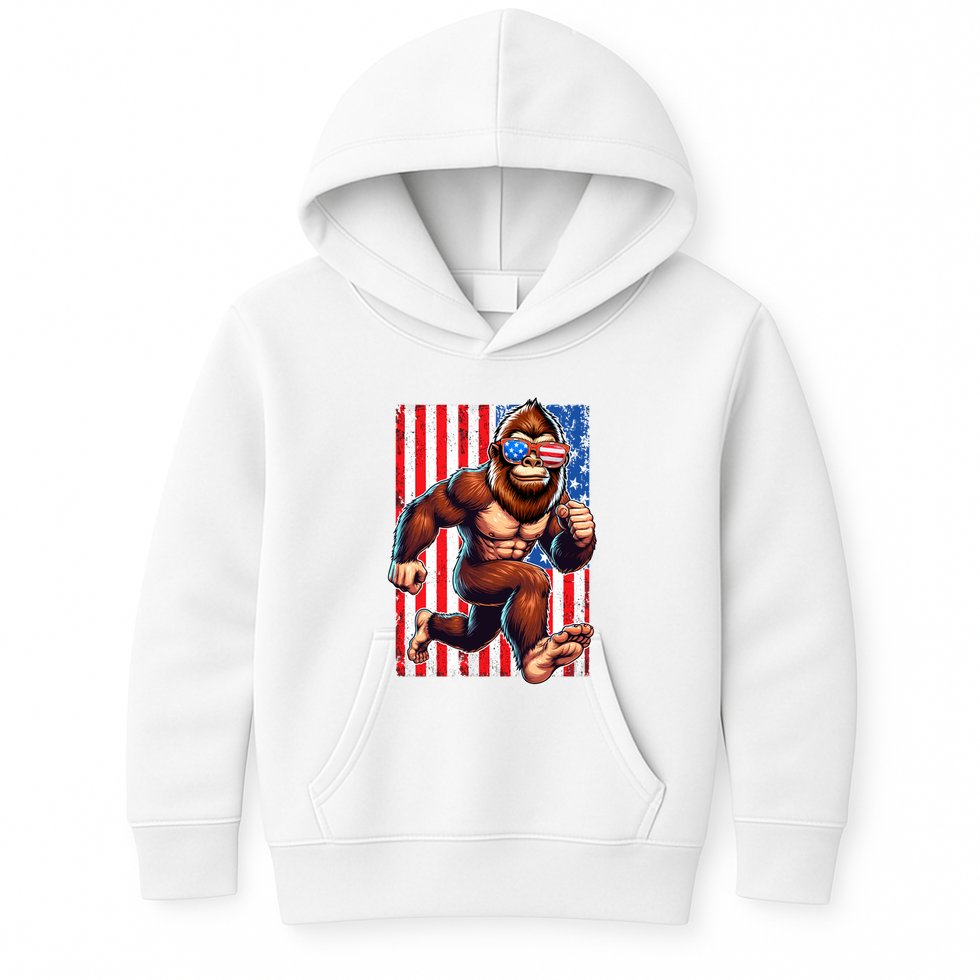 Usa Flag Bigfoot Running 4th Of July Kids Hoodie
