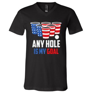 USA Flag Beer Pong Game 4th of July Beer any hole is my goal V-Neck T-Shirt