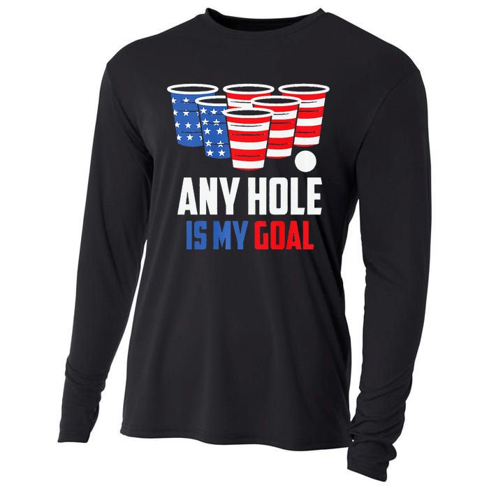 USA Flag Beer Pong Game 4th of July Beer any hole is my goal Cooling Performance Long Sleeve Crew