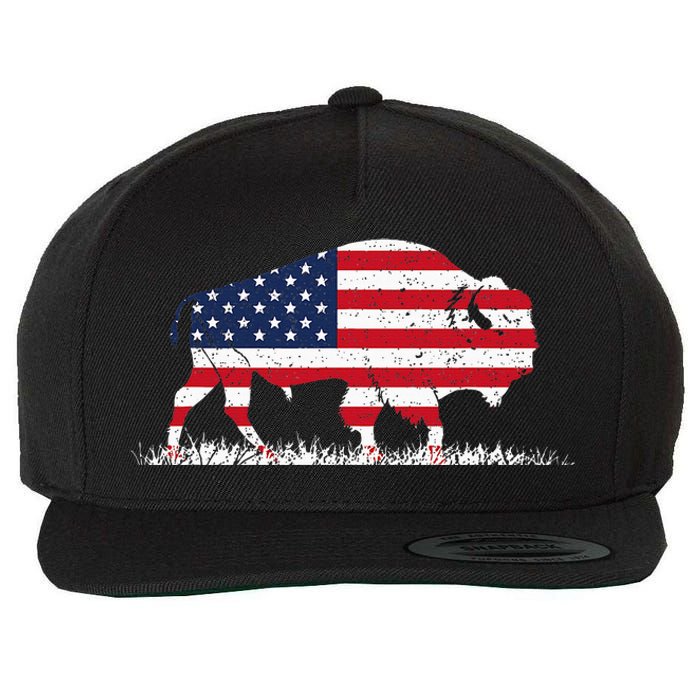 Us Flag Buffalo Wildlife Animal Gift Buffalo Wool Snapback Cap