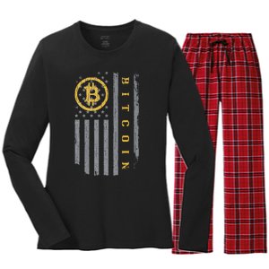 Usa Flag Bitcoin Distressed Digital Currency Btc Crypto Coin Women's Long Sleeve Flannel Pajama Set 