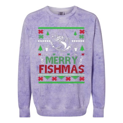 Ugly Fishing Christmas Bass Fish Apparel Merry Fishmas. Colorblast Crewneck Sweatshirt