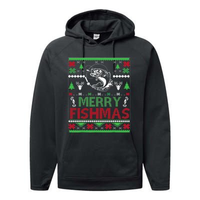 Ugly Fishing Christmas Bass Fish Apparel Merry Fishmas. Performance Fleece Hoodie