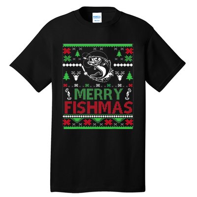 Ugly Fishing Christmas Bass Fish Apparel Merry Fishmas. Tall T-Shirt