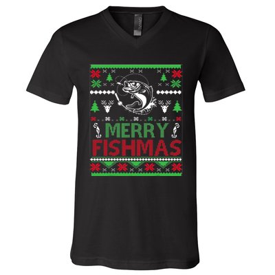 Ugly Fishing Christmas Bass Fish Apparel Merry Fishmas. V-Neck T-Shirt