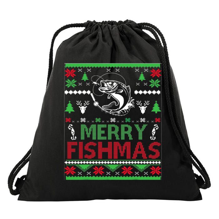 Ugly Fishing Christmas Bass Fish Apparel Merry Fishmas. Drawstring Bag