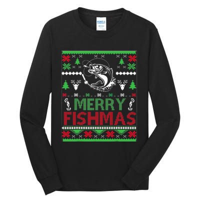 Ugly Fishing Christmas Bass Fish Apparel Merry Fishmas. Tall Long Sleeve T-Shirt