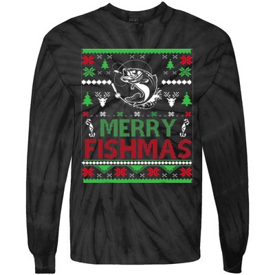 Ugly Fishing Christmas Bass Fish Apparel Merry Fishmas. Tie-Dye Long Sleeve Shirt