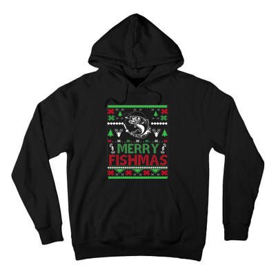 Ugly Fishing Christmas Bass Fish Apparel Merry Fishmas. Tall Hoodie