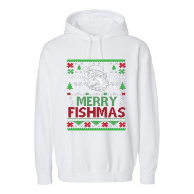 Ugly Fishing Christmas Bass Fish Apparel Merry Fishmas. Garment-Dyed Fleece Hoodie