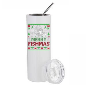 Ugly Fishing Christmas Bass Fish Apparel Merry Fishmas. Stainless Steel Tumbler