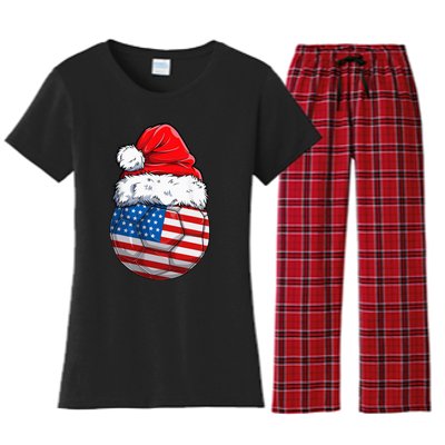 USA Flag Christmas Soccer Ball with Santa Hat Festive American Holiday Gift Women's Flannel Pajama Set