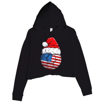 USA Flag Christmas Soccer Ball with Santa Hat Festive American Holiday Gift Crop Fleece Hoodie