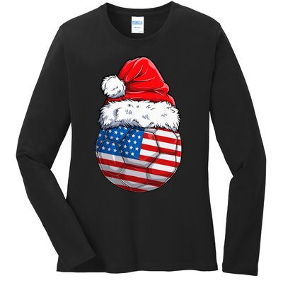 USA Flag Christmas Soccer Ball with Santa Hat Festive American Holiday Gift Ladies Long Sleeve Shirt