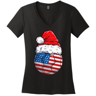 USA Flag Christmas Soccer Ball with Santa Hat Festive American Holiday Gift Women's V-Neck T-Shirt